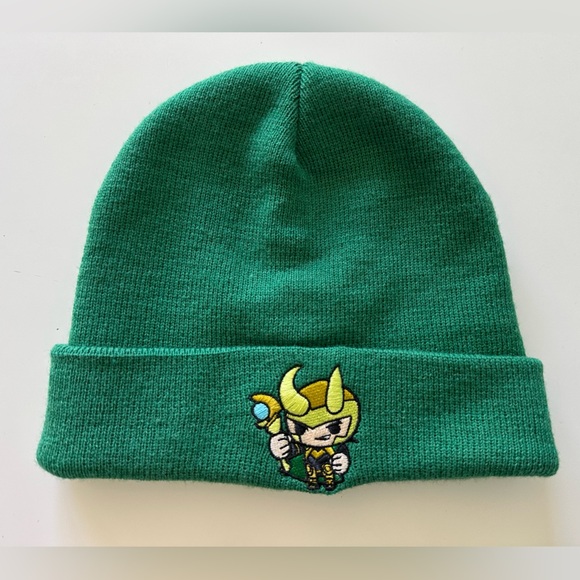 Marvel Loki Chibi Cuff Knit Beanie Hat One Size Kelly Green Embroidered - Picture 1 of 5